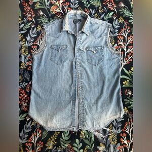 Vtg 2001 Polo Ralph Lauren denim shirt W/ natural tears/ aged cut off sleeve L